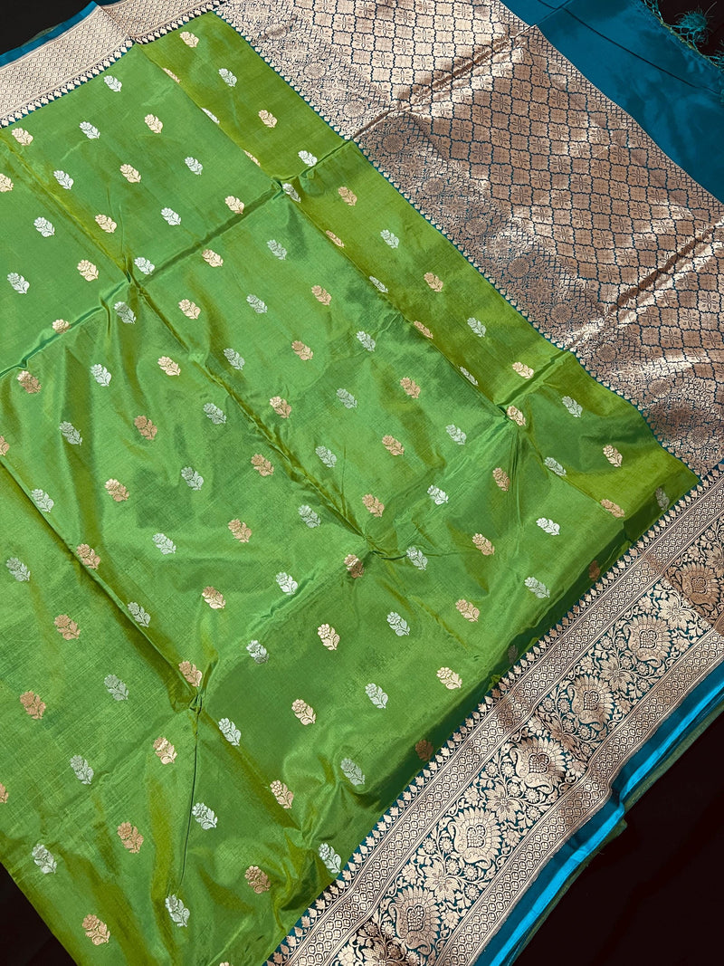 Green Pure Katan Silk Saree with Teal Border and Pallu - Pure Silk Sarees - SILK MARK CERTIFIED