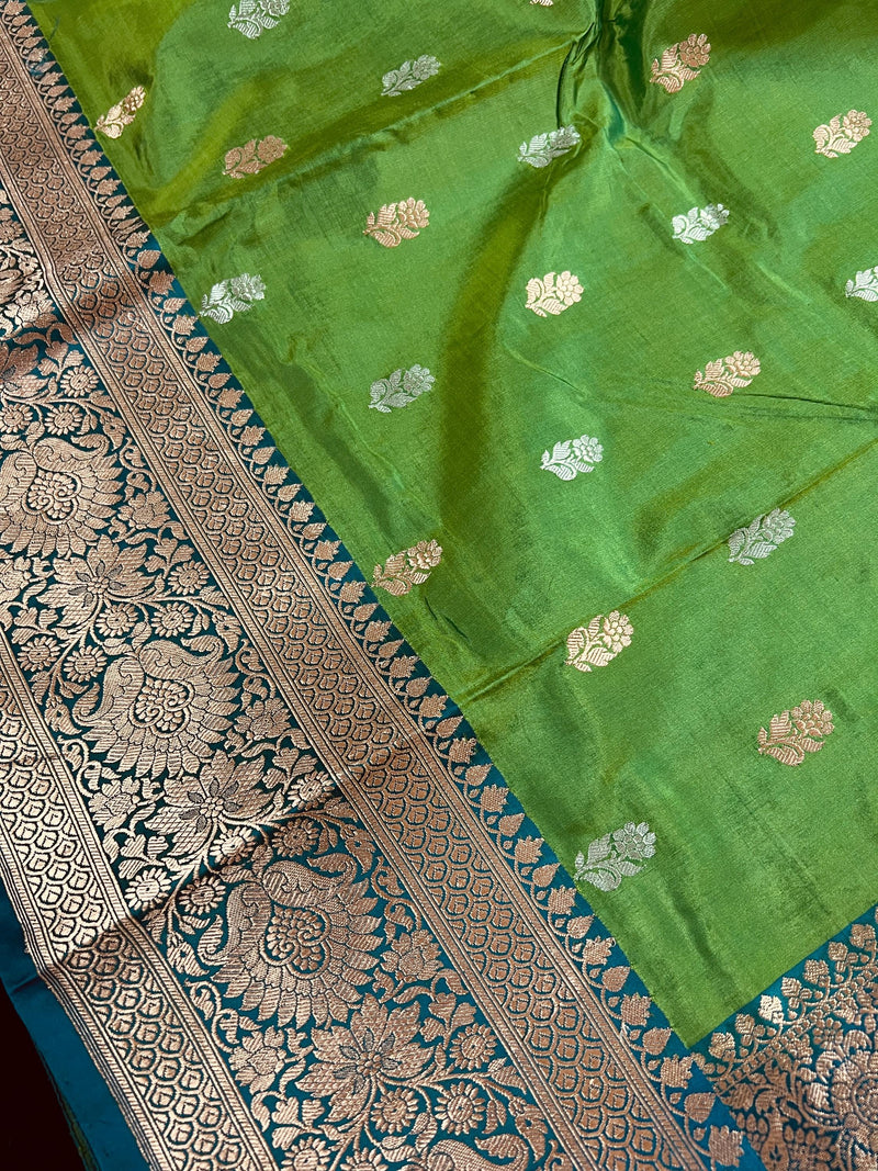 Green Pure Katan Silk Saree with Teal Border and Pallu - Pure Silk Sarees - SILK MARK CERTIFIED