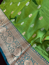 Green Pure Katan Silk Saree with Teal Border and Pallu - Pure Silk Sarees - SILK MARK CERTIFIED