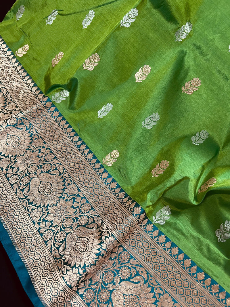 Green Pure Katan Silk Saree with Teal Border and Pallu - Pure Silk Sarees - SILK MARK CERTIFIED