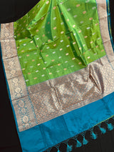 Green Pure Katan Silk Saree with Teal Border and Pallu - Pure Silk Sarees - SILK MARK CERTIFIED