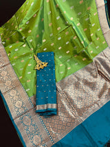 Green Pure Katan Silk Saree with Teal Border and Pallu - Pure Silk Sarees - SILK MARK CERTIFIED