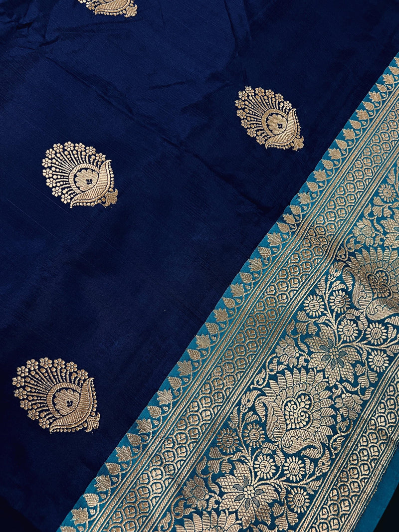 Blue Color Pure Katan Silk Saree with Sky Blue Border and Pallu - Pure Silk Sarees - SILK MARK CERTIFIED