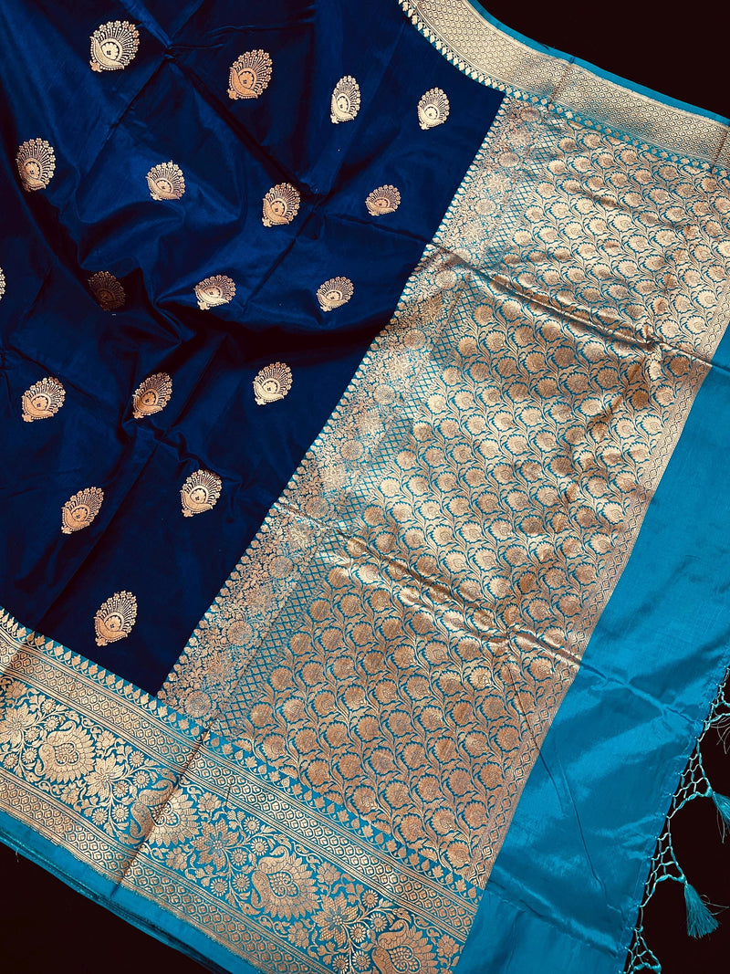 Blue Color Pure Katan Silk Saree with Sky Blue Border and Pallu - Pure Silk Sarees - SILK MARK CERTIFIED