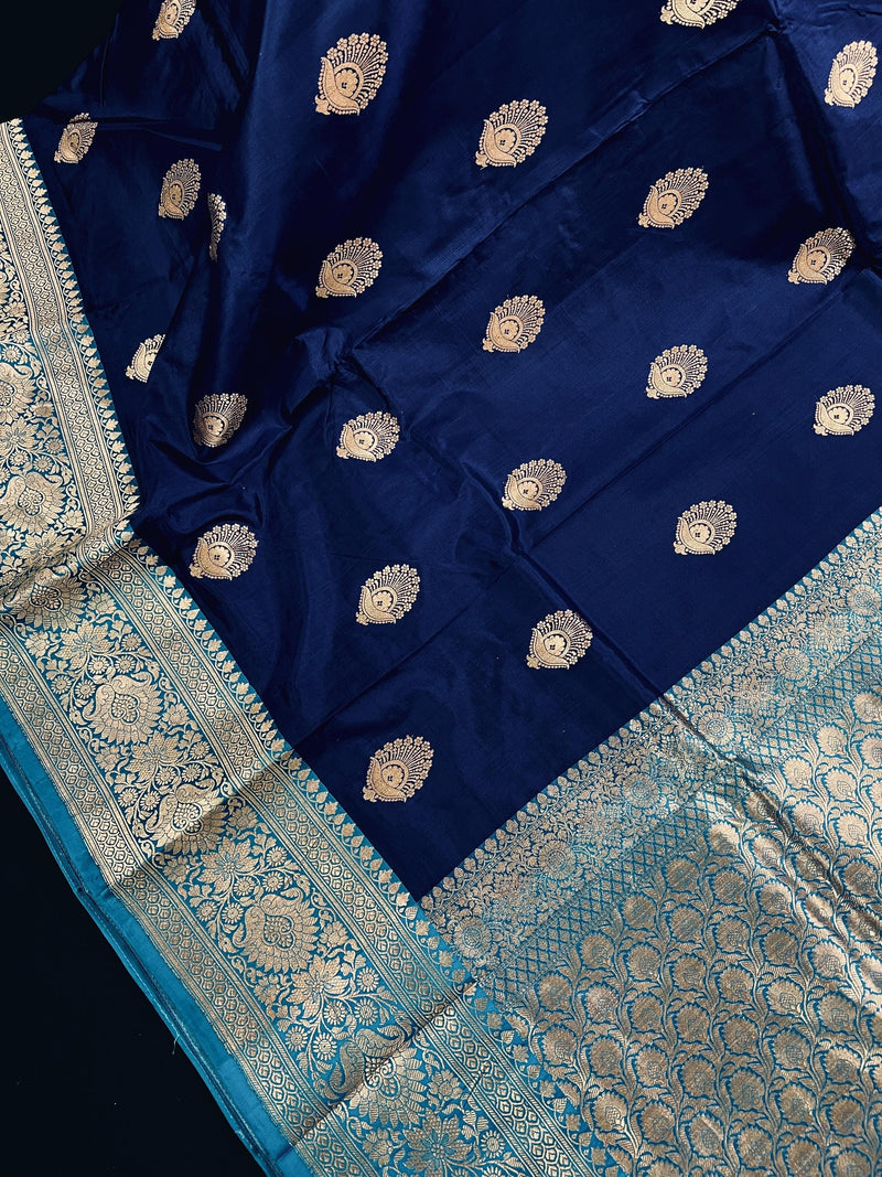 Blue Color Pure Katan Silk Saree with Sky Blue Border and Pallu - Pure Silk Sarees - SILK MARK CERTIFIED