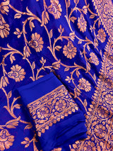 Royal Blue Color Pure Khaddi Georgette Banarasi Silk Saree with Antique Copper Zari Weave | Royal Blue Color Saree | SILK MARK CERTIFIED