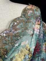 Sea Green Color Soft Organza Dupatta with Embroidery, Sequin and Zari with Floral Digital Prints