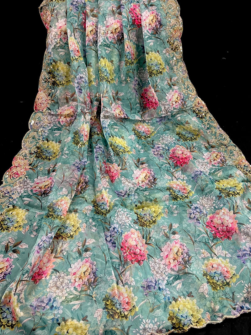 Sea Green Color Soft Organza Dupatta with Embroidery, Sequin and Zari with Floral Digital Prints