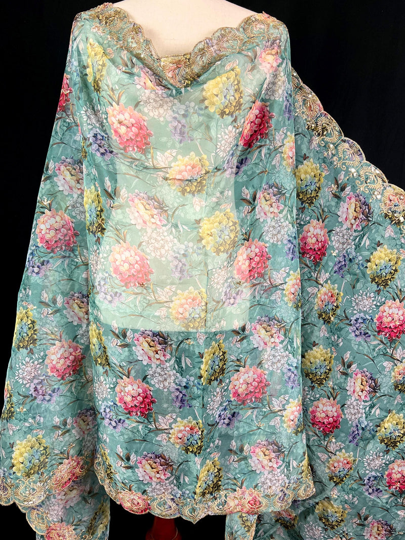 Sea Green Color Soft Organza Dupatta with Embroidery, Sequin and Zari with Floral Digital Prints