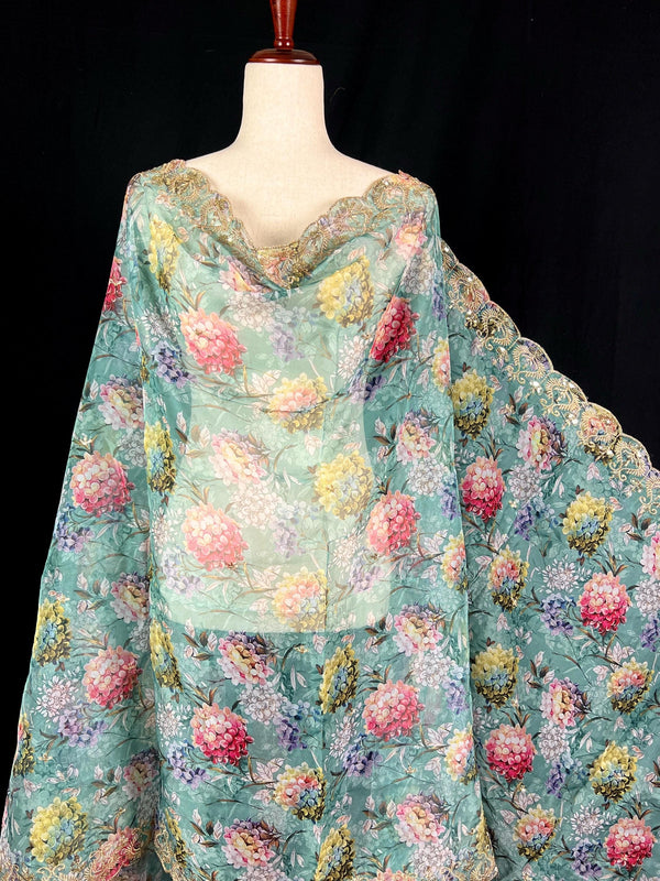 Sea Green Color Soft Organza Dupatta with Embroidery, Sequin and Zari with Floral Digital Prints