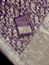 Lavender Color Pure Khaddi Georgette Tissue Banarasi Silk Saree with Floral Jaal | SILK MARK CERTIFIED Saree