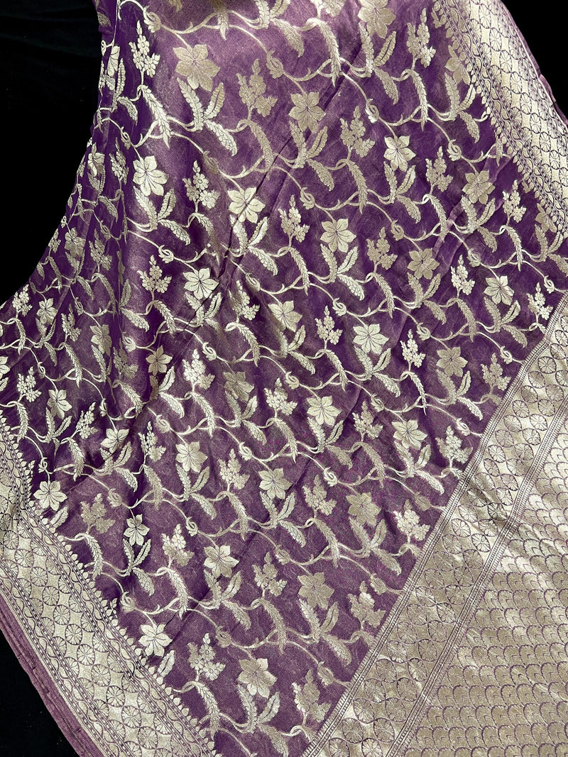 Lavender Color Pure Khaddi Georgette Tissue Banarasi Silk Saree with Floral Jaal | SILK MARK CERTIFIED Saree