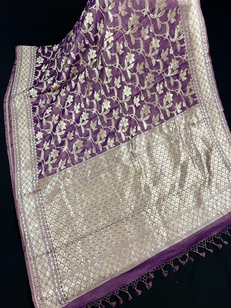 Lavender Color Pure Khaddi Georgette Tissue Banarasi Silk Saree with Floral Jaal | SILK MARK CERTIFIED Saree