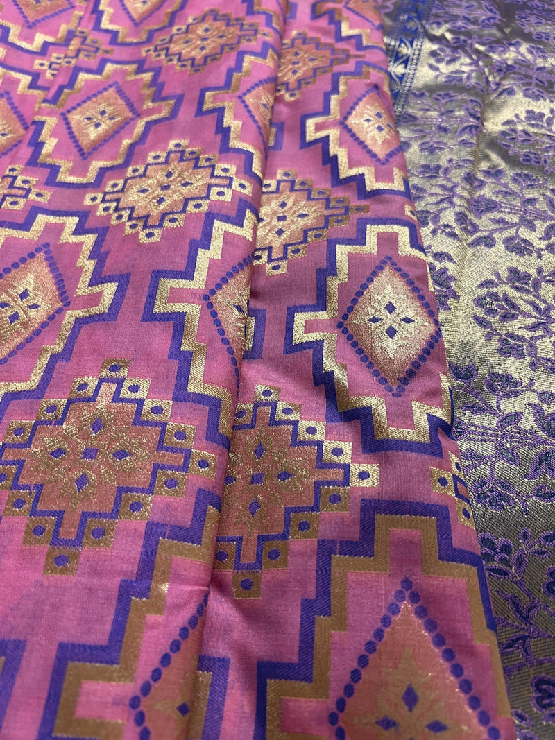 Pink and Blue Ikkat Design Banarasi Silk Weaved Saree with Paitani Style Borders with Meenakari | Banarasi Soft Handloom Silk Sarees