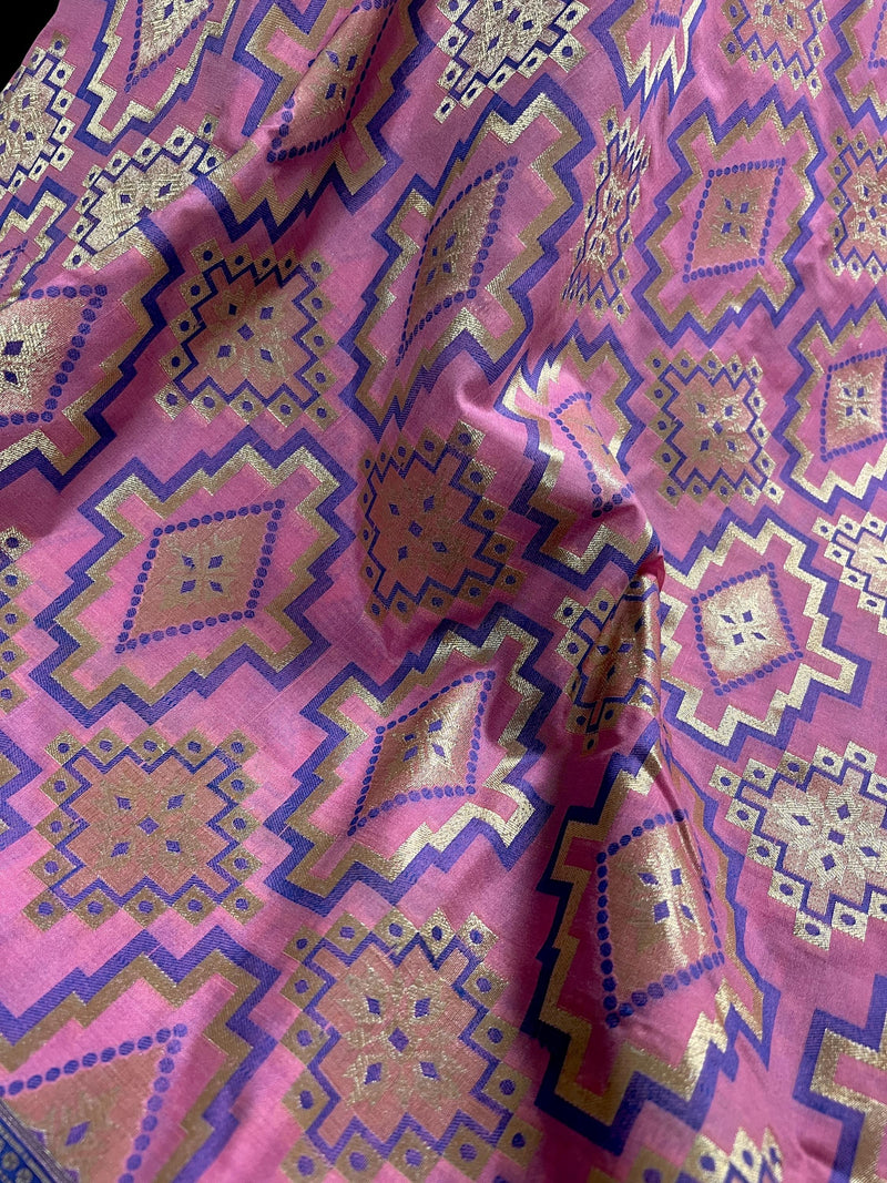 Pink and Blue Ikkat Design Banarasi Silk Weaved Saree with Paitani Style Borders with Meenakari | Banarasi Soft Handloom Silk Sarees