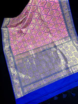 Pink and Blue Ikkat Design Banarasi Silk Weaved Saree with Paitani Style Borders with Meenakari | Banarasi Soft Handloom Silk Sarees