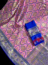 Pink and Blue Ikkat Design Banarasi Silk Weaved Saree with Paitani Style Borders with Meenakari | Banarasi Soft Handloom Silk Sarees