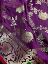 Statement Handmade Eggplant Purple Color Semi Katan Banarasi Silk Saree