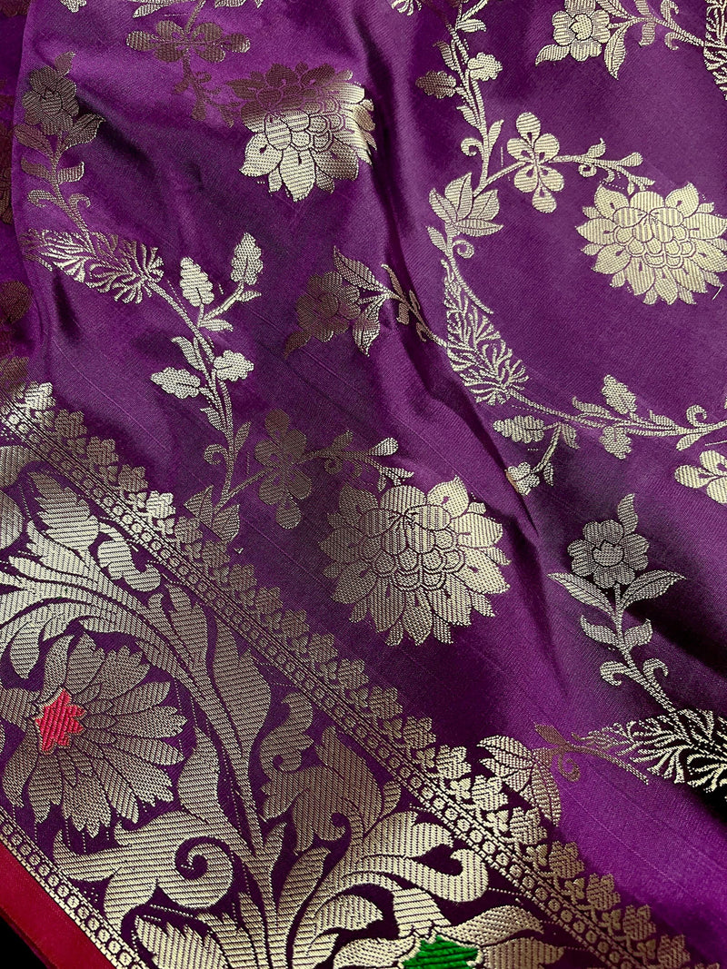 Statement Handmade Eggplant Purple Color Semi Katan Banarasi Silk Saree