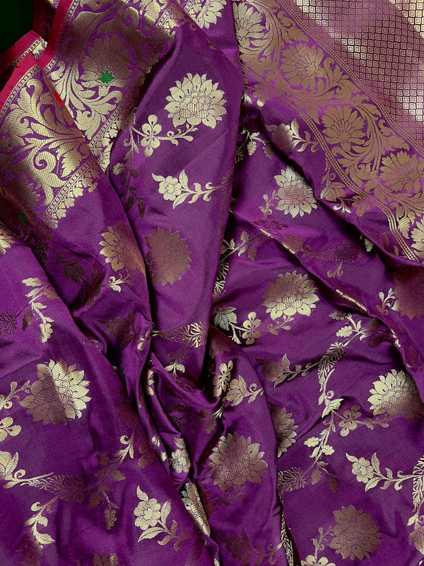 Statement Handmade Eggplant Purple Color Semi Katan Banarasi Silk Saree