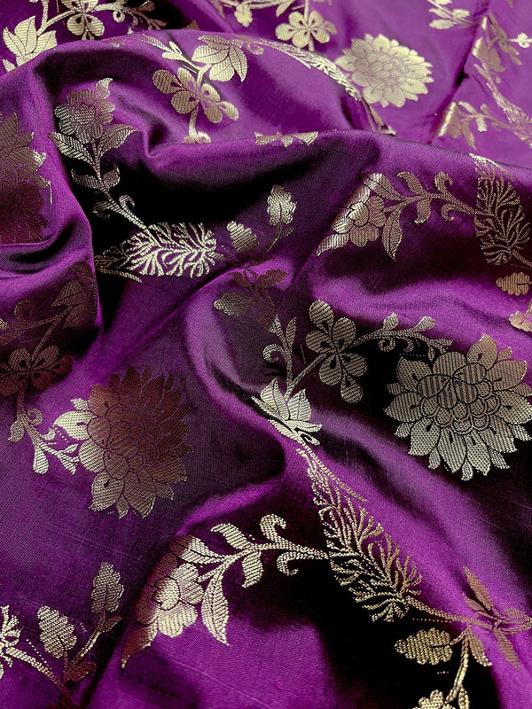 Statement Handmade Eggplant Purple Color Semi Katan Banarasi Silk Saree