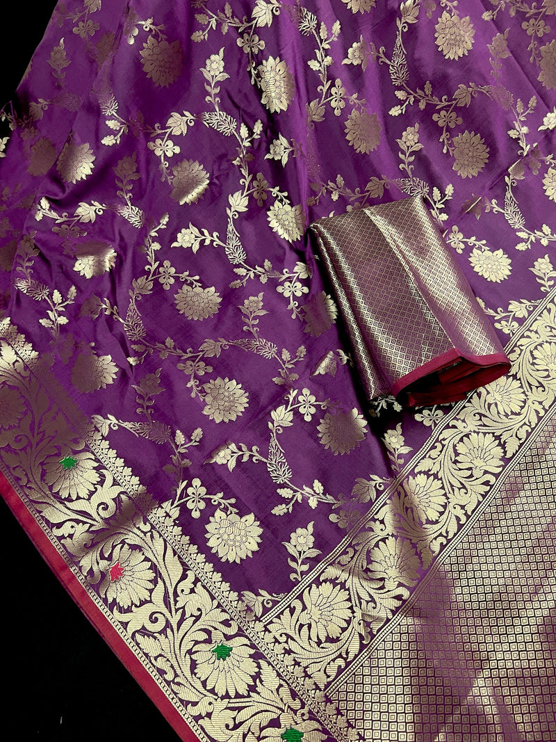 Statement Handmade Eggplant Purple Color Semi Katan Banarasi Silk Saree