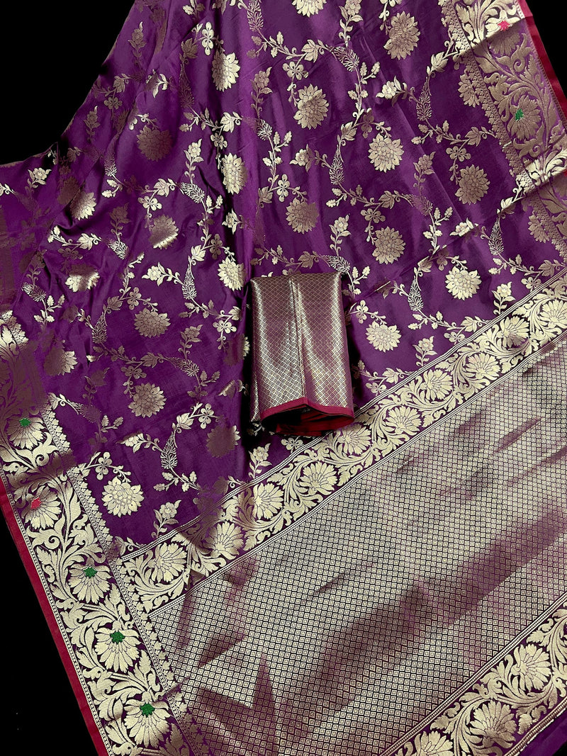 Statement Handmade Eggplant Purple Color Semi Katan Banarasi Silk Saree