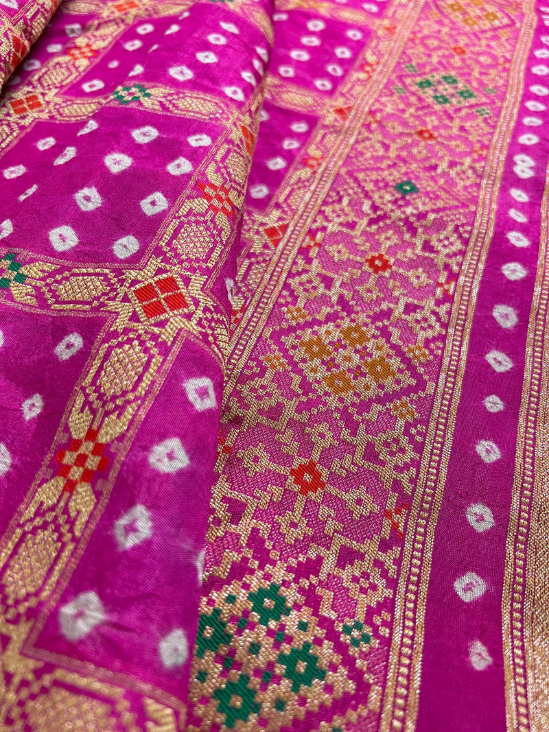 Hot Pink Color Banarasi Dupion Silk Saree | Pink Color Bandhej Saree | Minakari Work | Muted Zari Weave | Authentic Bandhani Saree