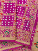 Hot Pink Color Banarasi Dupion Silk Saree | Pink Color Bandhej Saree | Minakari Work | Muted Zari Weave | Authentic Bandhani Saree