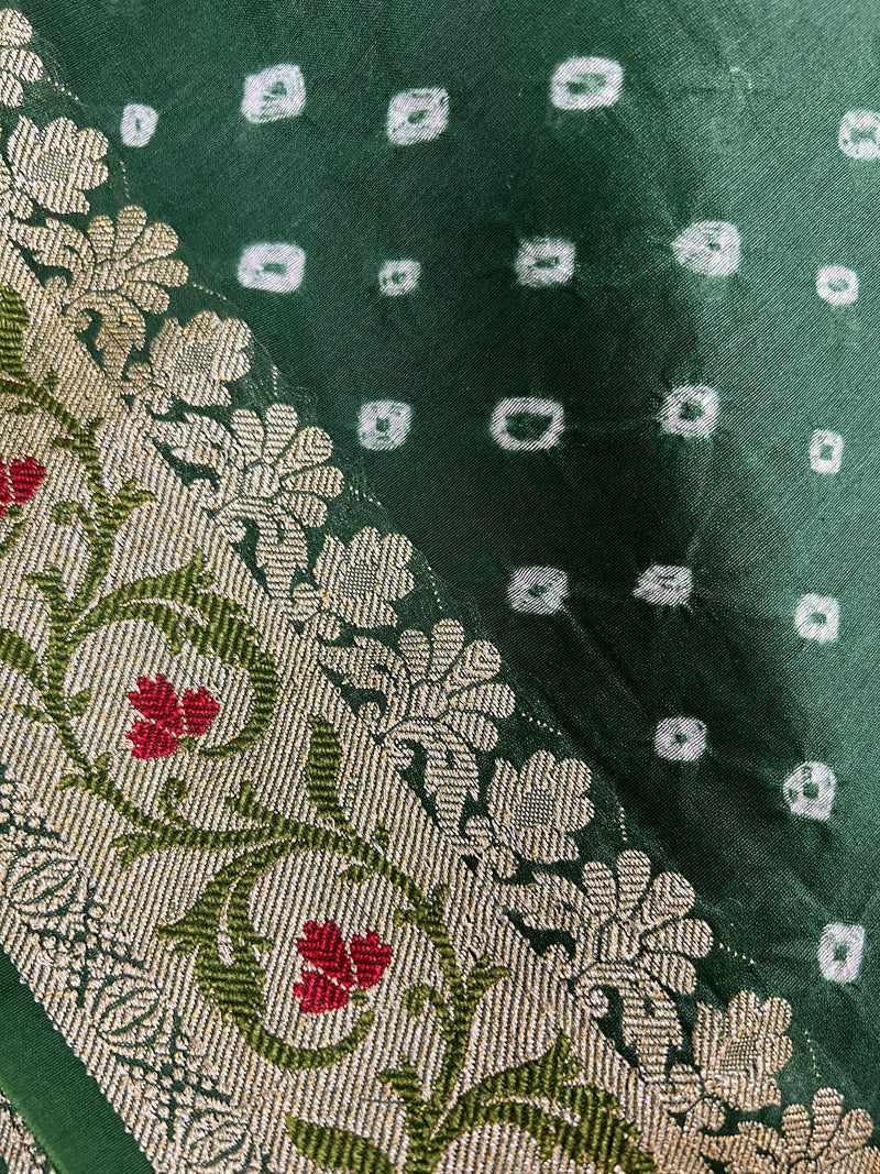 Hunter Green Color Bandhej Saree - Banarasi Semi Dupion Silk with Meenakari Work Muted Gold Zari