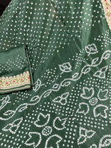 Hunter Green Color Bandhej Saree - Banarasi Semi Dupion Silk with Meenakari Work Muted Gold Zari