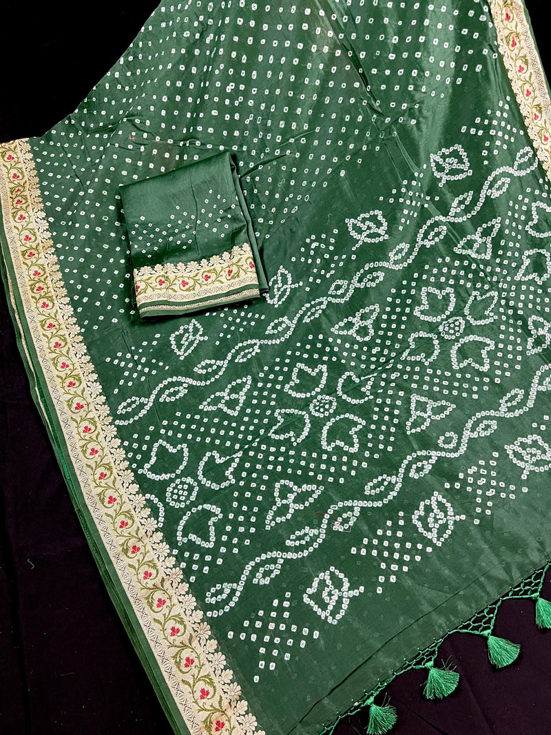 Hunter Green Color Bandhej Saree - Banarasi Semi Dupion Silk with Meenakari Work Muted Gold Zari