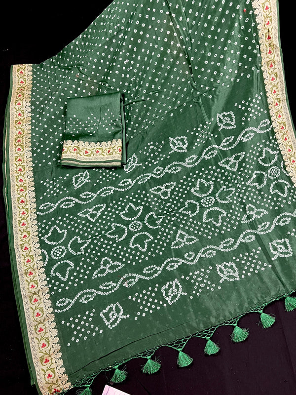 Hunter Green Color Bandhej Saree - Banarasi Semi Dupion Silk with Meenakari Work Muted Gold Zari