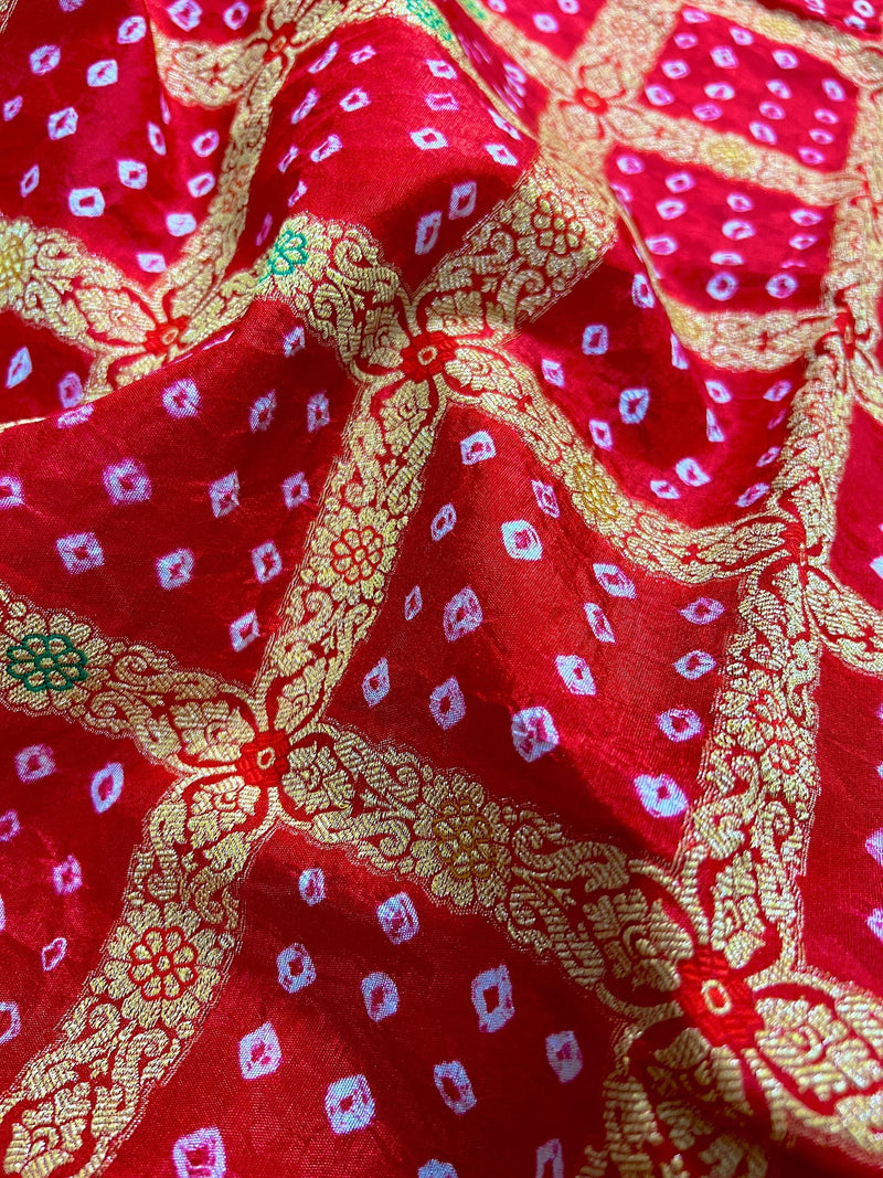 Red Color Banarasi Dupion Bandhani Silk Saree | Red Bandhej Saree | Authentic Bandhani Saree | Muted Zari Weave | Minakari Work