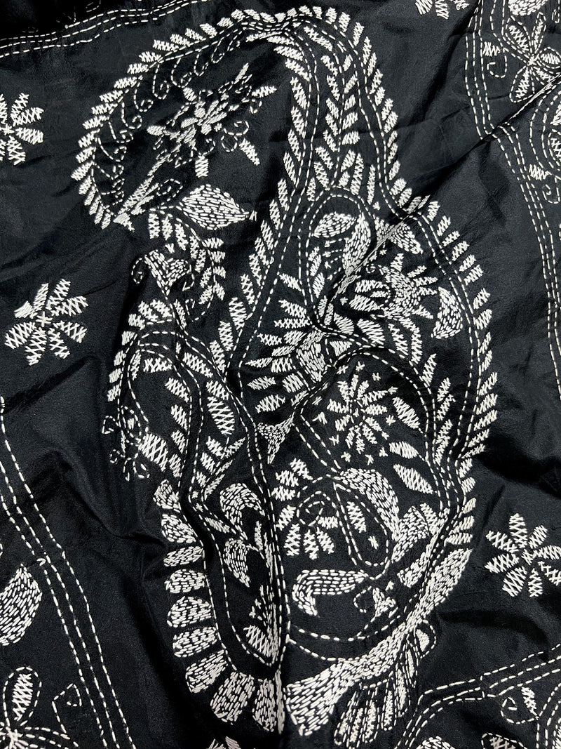 Black and White Color Bangalori Silk Saree with Handwoven Kantha Stitch Work | | Kantha Saree | Silk Sarees | Bengal Saree | Black Sari