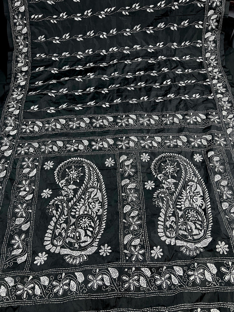 Black and White Color Bangalori Silk Saree with Handwoven Kantha Stitch Work | | Kantha Saree | Silk Sarees | Bengal Saree | Black Sari