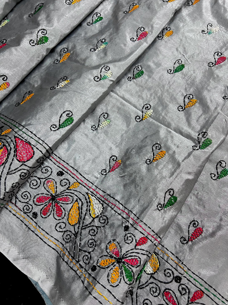 Grey Color Bangalori Silk Saree with Hand Kantha Stitch | Handwoven Kantha Stitch Sarees | Kantha Saress | Silk Sarees | Bengal Sarees