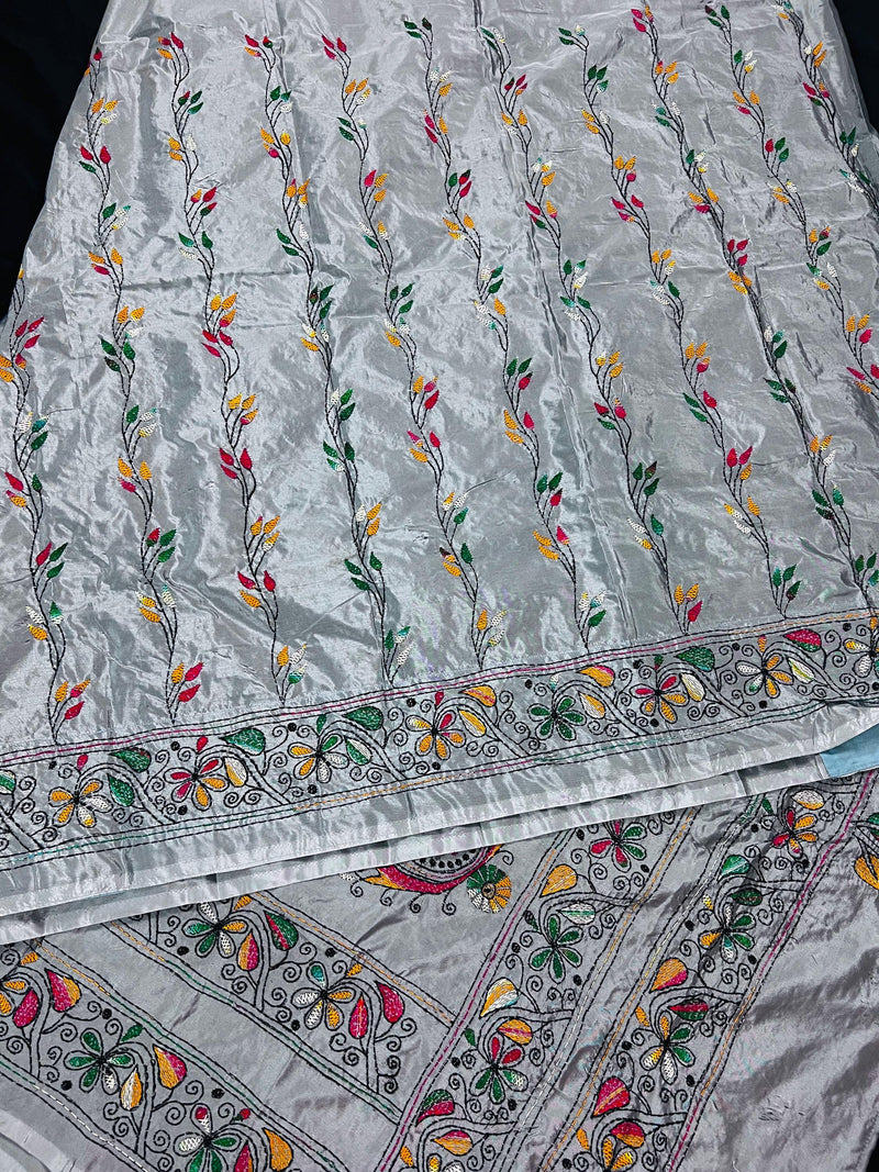 Grey Color Bangalori Silk Saree with Hand Kantha Stitch | Handwoven Kantha Stitch Sarees | Kantha Saress | Silk Sarees | Bengal Sarees