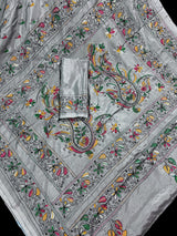 Grey Color Bangalori Silk Saree with Hand Kantha Stitch | Handwoven Kantha Stitch Sarees | Kantha Saress | Silk Sarees | Bengal Sarees