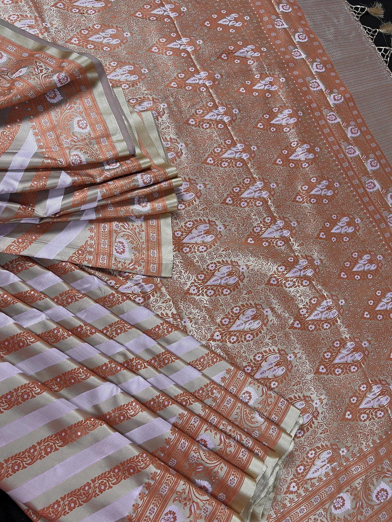 Muted Gold Color with Copper and Light Lavender -Mashru Silk Tanchoi Saree  with Jamawar Pallu