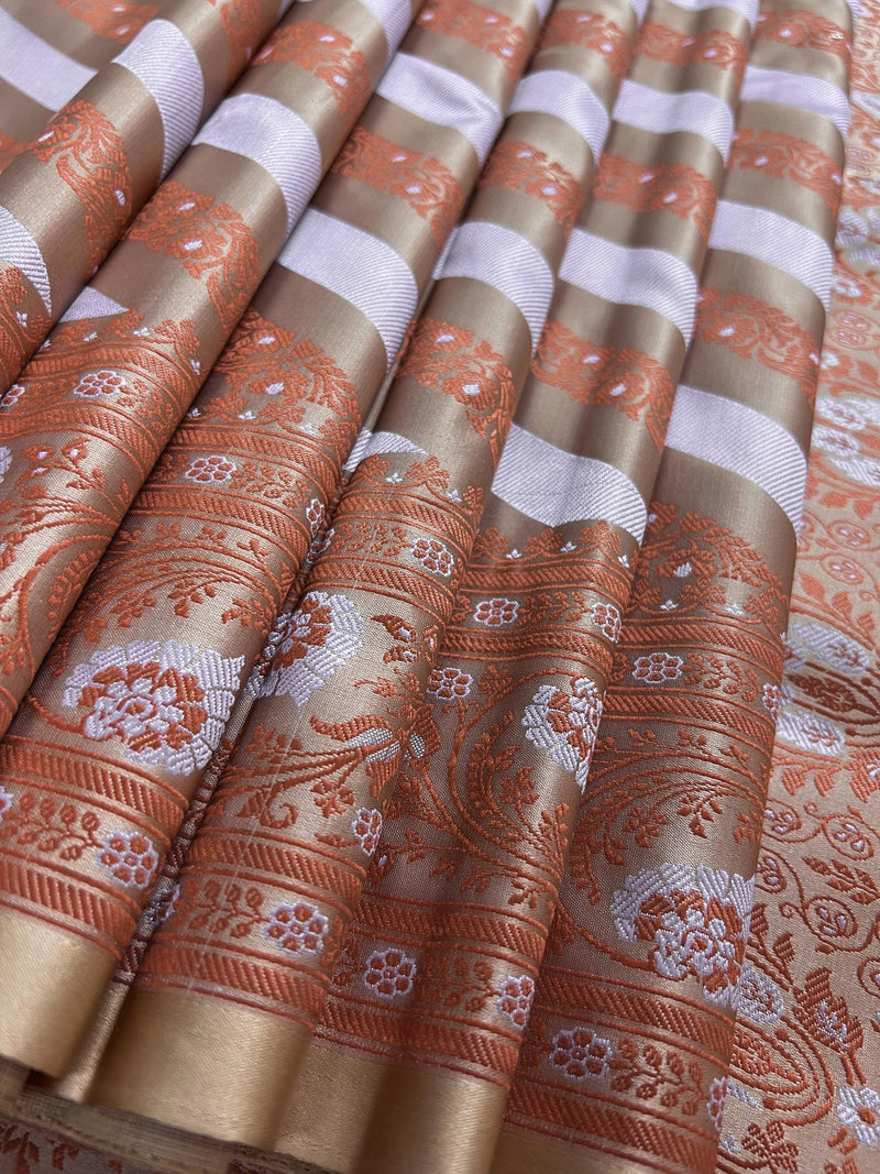 Muted Gold Color with Copper and Light Lavender -Mashru Silk Tanchoi Saree  with Jamawar Pallu