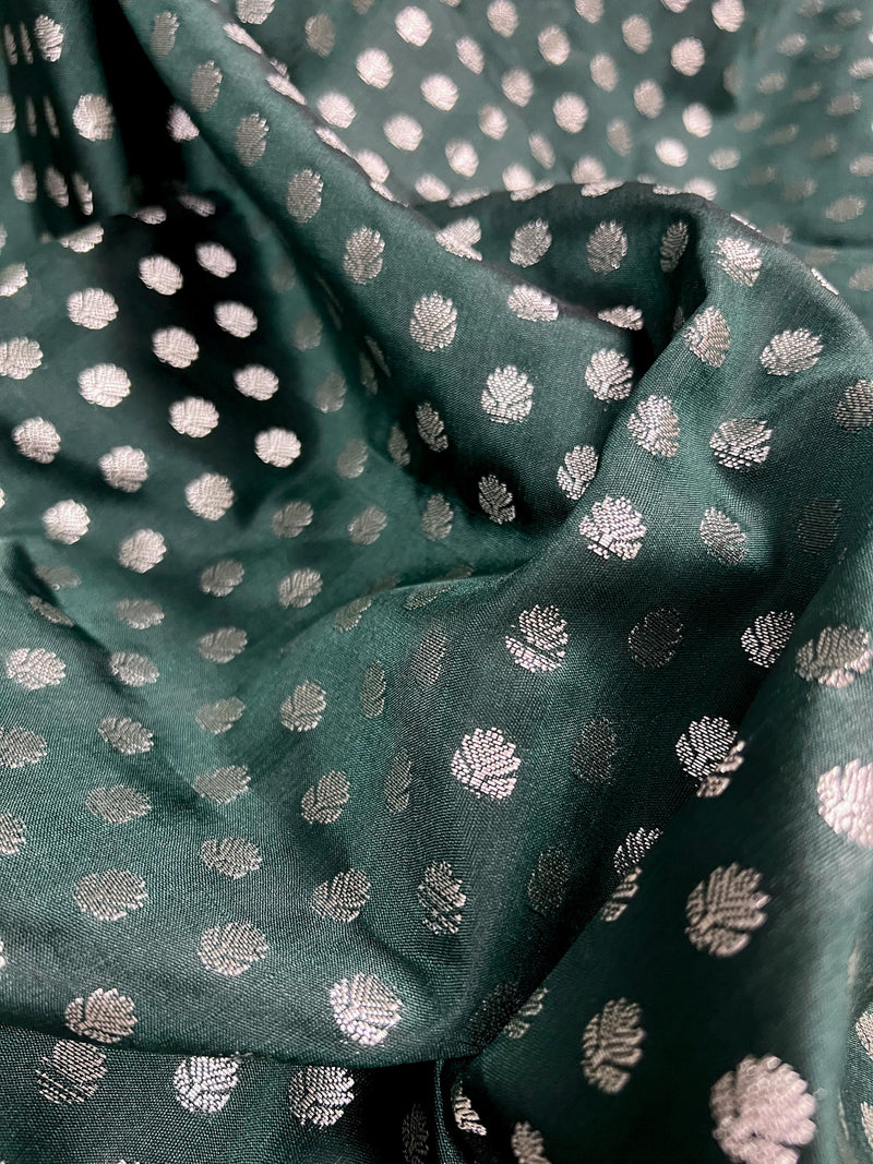 Pine Green Traditional Banarasi Handloom Saree in Soft Satin Silk with Meenakari and Sliver Zari Weave