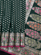 Pine Green Traditional Banarasi Handloom Saree in Soft Satin Silk with Meenakari and Sliver Zari Weave