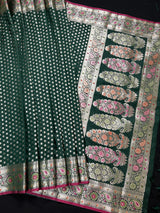 Pine Green Traditional Banarasi Handloom Saree in Soft Satin Silk with Meenakari and Sliver Zari Weave