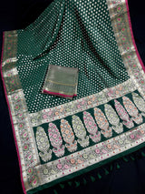 Pine Green Traditional Banarasi Handloom Saree in Soft Satin Silk with Meenakari and Sliver Zari Weave