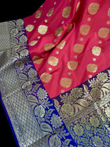 Peach Pink with Blue Traditional Banarasi Handloom Saree | Floral Design | Soft Silk Saree | Banarasi Silk Saree