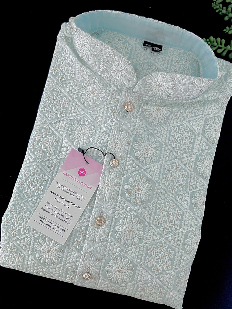 Pastel Blue Color Chikankari Lucknowi Pure Cotton Kurta Pajama Set with Sequin and with Lining -Chikhankari Kurta