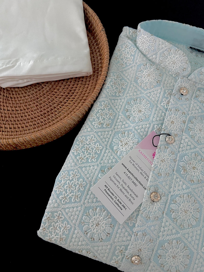 Pastel Blue Color Chikankari Lucknowi Pure Cotton Kurta Pajama Set with Sequin and with Lining -Chikhankari Kurta