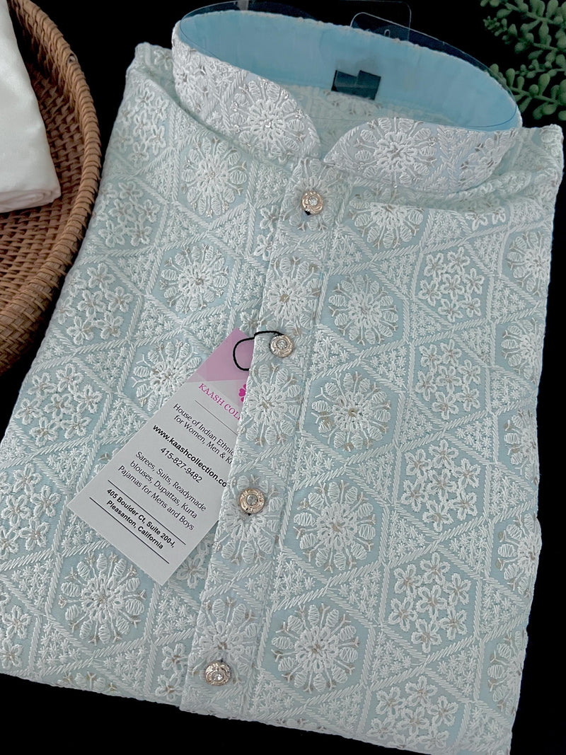 Pastel Blue Color Chikankari Lucknowi Pure Cotton Kurta Pajama Set with Sequin and with Lining -Chikhankari Kurta