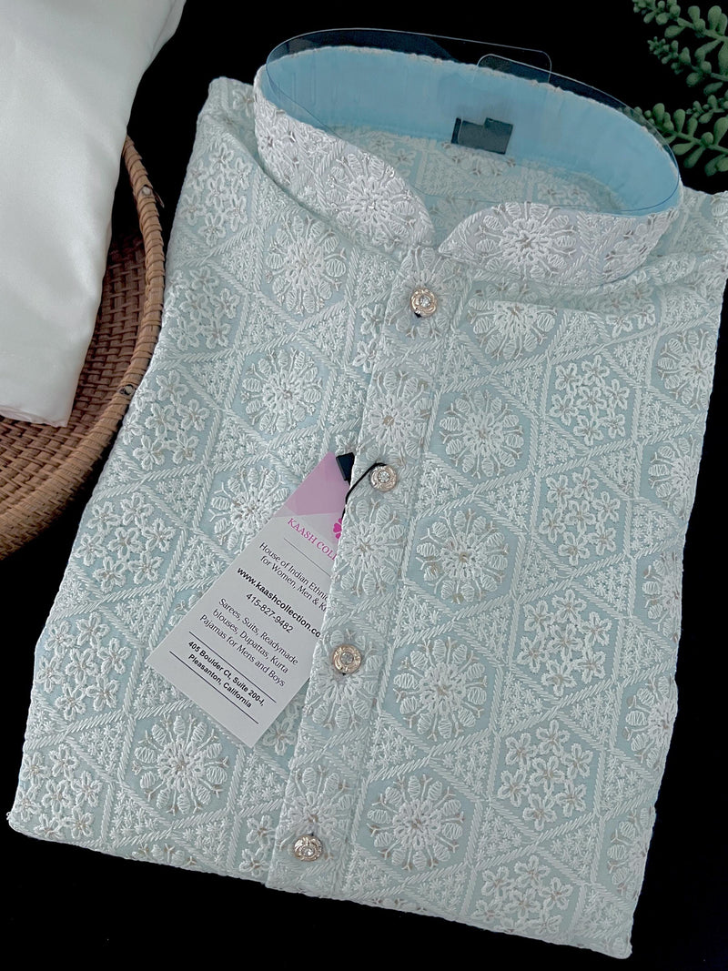 Pastel Blue Color Chikankari Lucknowi Pure Cotton Kurta Pajama Set with Sequin and with Lining -Chikhankari Kurta